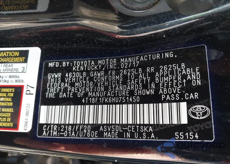 2017 Toyota Camry Se из США, поврежденный, VIN 4T1BF1FK6HU751450